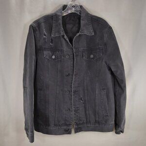 Mens Black Trucker Jean Jacket Distressed Lined Insulated Raw Denim Collection L